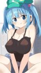 1girl absurdres bare_shoulders blue_eyes blue_hair blush breasts closed_mouth daru_(kumakumadon) hair_ornament heart heart-shaped_pupils highres kawashiro_nitori licking licking_lips looking_at_viewer on_floor sitting solo symbol-shaped_pupils tank_top tongue tongue_out touhou translation_request 