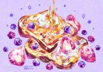  blueberry bread bread_slice food food_focus french_toast fruit highres kiato no_humans original purple_background signature simple_background sparkle strawberry syrup toast 