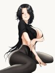  1girl absurdres black_hair black_pantyhose breasts covered_nipples feet_out_of_frame girls&#039;_frontline hair_ornament hair_over_one_eye hairpin highres jewelry large_breasts long_hair looking_at_viewer matsu_arts multiple_hairpins pantyhose parted_lips qbu-191_(girls&#039;_frontline) red_eyes ring sitting smile solo wariza wedding_ring white_background 