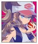  1girl armband armpits auko baseball_bat blue_eyes border brown_hair commentary_request frown high_ponytail hilda_(pokemon) holding holding_poke_ball long_hair looking_to_the_side poke_ball poke_ball_print pokemon pokemon_bw2 ponytail red_background shirt signature simple_background sleeveless sleeveless_shirt solo upper_body vest white_headwear white_shirt 