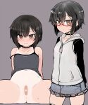  1girl bandaid bandaid_on_pussy black_choker black_hair blush bottomless brown_eyes choker embarrassed glasses highres hood hoodie multiple_views null_(nyanpyoun) original short_hair sketch skirt sleeveless sleeveless_hoodie sweat tan tanlines 