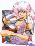  1980s_(style) armor breasts center_opening cleavage dress earrings highres jewelry looking_at_viewer nipples non-web_source official_art open_mouth paneled_background pink_hair rance rance_(series) retro_artstyle revealing_clothes round_eyewear see-through semi-rimless_eyewear shiny_skin shoulder_armor sill_plain sitting upper_body urushihara_satoshi 