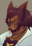 anthro brown_hair clothed clothing fangs felid final_fantasy final_fantasy_xiv green_eyes hair hi_res hrothgar jewelry male mammal powderrune sabertooth_(anatomy) solo square_enix teeth