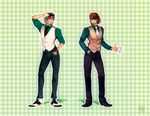  arm_garter brown_eyes brown_hair cabbie_hat cosplay costume_switch crossover facial_hair godot godot_(cosplay) grin gyakuten_saiban gyakuten_saiban_3 hand_in_pocket hand_on_headwear hat kaburagi_t_kotetsu kaburagi_t_kotetsu_(cosplay) look-alike male_focus mask multiple_boys necktie outline smile socks stacy_navka stubble teeth tiger_&amp;_bunny vest visor waistcoat watch white_hair white_legwear wristwatch 