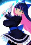  1girl ai-generated blue_dress blue_hair blunt_bangs bow breasts covered_nipples dress green_eyes hair_bow highres hiita_(hitta_99) holding holding_weapon large_breasts long_hair looking_at_viewer multicolored_hair panty_&amp;_stocking_with_garterbelt pink_hair purple_nails solo stocking_(psg) thighhighs two-tone_hair weapon 