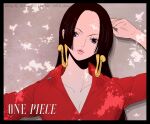  1girl black_border black_hair blue_eyes boa_hancock border chris_re5 close-up collared_shirt copyright_name earrings english_commentary hime_cut instagram_username jewelry long_hair looking_at_viewer one_piece pink_lips red_shirt shirt snake_earrings solo twitter_username 
