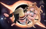  1girl black_hole blonde_hair blue_eyes breasts cleavage commentary double_bun double_halo efreezerarts english_commentary feet foot_focus hair_bun halo highres kaneko_lumi kaneko_lumi_(3rd_costume) large_breasts legs long_hair looking_at_viewer multiple_halos phase_connect soles solo stirrup_legwear toeless_legwear toenails toes virtual_youtuber 