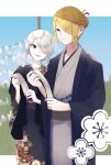  1boy 1girl black_shawl blonde_hair blue_sky blurry blurry_background closed_mouth cogita_(pokemon) expressionless floral_print flower flower_(symbol) grey_eyes grey_hair hair_bun hair_over_one_eye japanese_clothes kimono light_particles looking_at_another machi_(chrismt) mature_female new_year open_mouth pale_skin pokemon pokemon_legends:_arceus shawl sky standing upper_body volo_(pokemon) yukata 