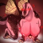 &lt;3 all_fours anjanath anthro big_breasts blush body_blush breast_blush breasts brute_wyvern capcom claws digital_media_(artwork) dinosaur female fur hi_res japanese_text looking_at_viewer monster_hunter nipples nude pink_body presenting presenting_breasts pupils reptile scales scalie sharp_claws sharp_teeth shirakaba simple_background slit_pupils solo tail teeth text thick_thighs yellow_eyes