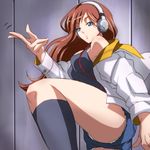  blue_eyes brown_hair cutoffs denim denim_shorts hand_gesture headphones jacket kneehighs leg_up legs makisige off_shoulder sacred_seven short_shorts shorts socks solo sp_(sacred_seven) tank_top thighs 