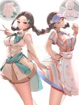  2girls ;d abomasnow apron black_hair blue_headwear blue_sweater braid brown_eyes brown_skirt candice_(palentine&#039;s_2024)_(pokemon) candice_(pokemon) clenched_hand clothes_around_waist collared_shirt dress dual_persona eyelashes galarian_darmanitan galarian_darmanitan_(standard) hair_ornament hairclip hand_on_own_hip highres long_hair long_sleeves looking_at_viewer momdy_(talesshinja) multiple_girls official_alternate_costume one_eye_closed pokemon pokemon_(creature) pokemon_masters_ex shirt short_sleeves skirt smile sweater sweater_around_waist teeth twin_braids v visor_cap waist_apron white_apron white_background white_shirt 