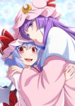  2girls :o bat_wings blue_hair capelet commentary_request crescent crescent_hair_ornament eichi_yuu fang hair_ornament hat hat_ribbon height_difference highres hug long_hair mob_cap multiple_girls open_mouth patchouli_knowledge purple_eyes purple_hair red_eyes red_ribbon remilia_scarlet ribbon robe short_hair smile touhou upper_body wide_sleeves wings 