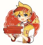  1boy blonde_hair blue_eyes box character_name food food_delivery_box hair_between_eyes holding holding_box jacket kagamine_len light_blush looking_at_viewer male_focus messy_hair open_mouth orange_background pizza pizza_box pizza_delivery red_headwear sabako_akikan shirt short_ponytail smile solo sparkle upper_body visor_cap vocaloid white_background white_shirt white_sleeves yellow_jacket 