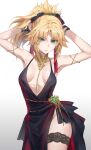  1girl armpits arms_behind_head arms_up bare_shoulders belly_chain black_dress blonde_hair braid breasts bridal_garter collarbone commentary_request dress fate/apocrypha fate_(series) french_braid green_eyes hair_ribbon highres jewelry long_hair looking_at_viewer mordred_(fate) mordred_(fate/apocrypha) parted_bangs ponytail ribbon sidelocks small_breasts solo tonee 