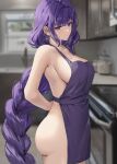  1girl absurdres alternate_costume apron arms_behind_head bakemonsou bare_shoulders blurry blurry_background blush braid breasts closed_mouth collarbone earrings genshin_impact highres indoors jewelry kitchen kitchen_range large_breasts long_braid long_hair mole mole_under_eye naked_apron non-web_source purple_apron purple_eyes purple_hair raiden_shogun shirt sideboob solo stove tying_apron 