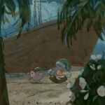  beach bird blue_sky brown_footwear clenched_hands flower hat highres moon_(love-de-lic) nightcap no_humans outdoors palm_tree pirate_ship player_(moon) rayman_limbs sakusakufugashi sand sky tree walking white_flower yoshida_(moon) 