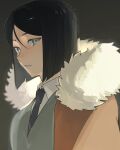  1boy black_hair black_necktie blurry brown_cape cape collared_shirt depth_of_field fate/zero fate_(series) fur-trimmed_cape fur_trim grey_background grey_eyes grey_sweater hair_between_eyes highres looking_at_viewer male_focus necktie parted_lips shirt short_hair solo sweater tokoni_fusu upper_body waver_velvet white_shirt 