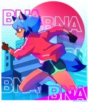  1girl animal_ears animal_nose blue_hair body_fur brand_new_animal brown_fur building dolphin_shorts furry furry_female highres jacket kagemori_michiru logo nk422704 outdoors raccoon_ears raccoon_girl raccoon_nose raccoon_tail red_jacket running shoes short_hair shorts sneakers solo tail tanuki track_jacket trigger_(company) 