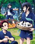  3boys aqua_eyes black_hair blue_jacket blue_shorts brothers earrings fire food hana_ni_nare highres holding jacket jewelry kamado_tanjirou kimetsu_no_yaiba long_hair long_sleeves male_focus multicolored_hair multiple_boys onigiri open_mouth red_eyes red_hair rice scar scar_on_face scar_on_forehead short_hair shorts siblings tokitou_muichirou tokitou_yuichirou twins two-tone_hair 