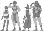  1boy 1girl abs absurdres ass_visible_through_thighs belt belt_buckle blunt_bangs blunt_ends breasts buckle english_commentary fingerless_gloves flexing gloves greyscale hair_between_eyes hand_on_own_hip hat height_chart height_difference highres large_breasts long_hair looking_at_viewer monochrome multiple_views muscular muscular_female original pointy_ears sandals short_hair shorts speedl00ver standing tall_female thighhighs witch_hat 