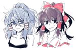  2girls black_eyes black_tank_top blue_eyes bow brown_hair collared_shirt commentary_request frilled_hair_tubes frills grey_hair hair_between_eyes hair_bow hair_tubes hakurei_reimu high_ponytail long_bangs long_hair look-alike looking_at_viewer medium_bangs miyadeguchi_mizuchi multiple_girls re_ghotion red_bow red_shirt shirt simple_background sketch sneer tank_top touhou upper_body white_background 