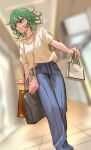  1girl bag commentary_request curly_hair denim dutch_angle earrings eyelashes green_eyes green_hair handbag highres jeans jewelry mamaroa one-punch_man pants parted_lips short_hair solo tatsumaki 