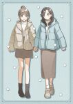  2girls :d ankle_boots ankle_socks black_eyes black_footwear black_hair blue_background blue_coat blush boots bright_pupils brown_hair brown_skirt closed_mouth coat commentary_request expressionless full_body grey_coat grey_footwear grey_socks hair_bun halftone high-waist_skirt highres holding_hands hood hood_down hooded_coat long_hair long_skirt looking_at_another multiple_girls nahara_saki open_clothes open_coat open_mouth original puffy_sleeves shoes short_hair skirt sleeves_past_fingers sleeves_past_wrists smile sneakers snowing socks split_mouth standing sweater turtleneck turtleneck_sweater white_pupils white_sweater 