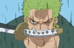  1boy angry blue_background brown_eyes collarbone drop_earrings earrings film_grain forehead furrowed_brow green_hair green_jacket highres jacket jewelry katana kurrrto male_focus mouth_hold multiple_earrings one_eye_closed one_piece portrait roronoa_zoro scar scar_across_eye scar_on_chest short_hair sideburns signature simple_background solo speed_lines spiked_hair sword teeth veins weapon 