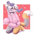 anthro arcanis_(hahaluckyme) blush boop calico_cat clothed clothing digital_media_(artwork) domestic_cat duo felid feline felis fleurfurr fur grey_body grey_fur hi_res hoodie kneeling mammal open_mouth red_background simple_background topwear watermark white_body white_fur yellow_body yellow_fur