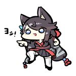  1girl animal_ears azur_lane black_hair black_kimono black_outline black_sash blue_eyes chibi commentary_request eyes_visible_through_hair full_body fusou_(azur_lane) genba_neko_(meme) hair_ornament highres himajin_(fd_jin) japanese_clothes kimono knee_up leg_up long_hair meme no_nose obi open_mouth outline pointing pointing_to_the_side pose_imitation sash simple_background smile solo split_mouth thighhighs translated white_background white_thighhighs wide_sleeves 