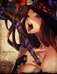  bare_shoulders between_breasts breasts brown_hair dragon's_crown face hand_on_own_chest hat large_breasts long_hair open_mouth piercing portrait saliva saliva_trail sayo_tanku solo sorceress_(dragon's_crown) staff tongue tongue_piercing witch_hat 