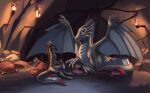 absurd_res anthro blue_eyes cave claws dragon duo eastern_dragon female feral hi_res horn kirillk male male/female pillow plate red_sclera torch wingless_dragon wings
