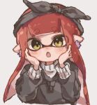  1girl :o black_bow black_hairband bow bow_hairband commentary cropped_torso hair_bow hairband hands_on_own_face inkling_girl inkling_player_character long_hair looking_at_viewer open_mouth red_hair simple_background solo splatoon_(series) upper_body white_background yellow_eyes yksb_inc6 