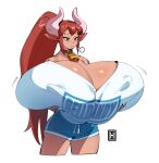 2023 2_horns aeryn_(thehelmetguy) animal_humanoid anthro artist_logo big_breasts biped bottomwear bovid bovid_humanoid bovine bovine_humanoid breasts cattle_humanoid cleavage clothed clothing english_text female hair hi_res holding_breast horn huge_breasts humanoid hyper hyper_breasts logo long_hair mammal mammal_humanoid nipple_outline shorts signature simple_background skimpy solo text text_on_clothing thehelmetguy white_background