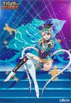  blue_eyes blue_hair blue_rose_(tiger_&amp;_bunny) boots crossed_legs gloves gun hat lipstick makeup official_art one_eye_closed scan short_hair sitting smile solo superhero thigh_boots thighhighs tiger_&amp;_bunny weapon 