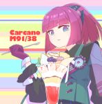  1girl arm_up carcano_m91/38_(girls&#039;_frontline) character_name eyebrows_hidden_by_hair girls&#039;_frontline gloves green_eyes highres holding holding_spoon looking_at_viewer medium_hair multicolored_background parfait parted_lips purple_eyes purple_gloves purple_hair solo spoon two-tone_eyes upper_body wrist_cuffs zukzuk13 