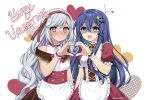  2girls bare_shoulders blue_hair blush breasts date_a_live dungeon_ni_deai_wo_motomeru_no_wa_machigatteiru_darou_ka empty_eyes genderswap genderswap_(mtf) hair_ornament hairpin happy_valentine heart heart_hands highres itsuka_shiori long_hair maid multiple_girls open_mouth puffy_short_sleeves puffy_sleeves shinashiro short_sleeves smile white_hair 