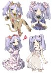  1girl absurdres animal_costume bow breasts cat_costume dress expressionless grey_hair hair_bow highres holding holding_microphone hoshino_ruri kidou_senkan_nadesico long_hair looking_at_viewer microphone multiple_views redauto see-through see-through_dress sketch small_breasts smile strap_slip twintails yellow_eyes 