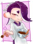  1girl border bowl closed_mouth commentary_request eyelashes gasshi555 hachimaki hair_over_one_eye headband highres holding holding_bowl holding_spoon looking_at_viewer medium_hair nejiri_hachimaki outside_border purple_background purple_hair red_bean_paste red_eyes smile solo splatoon_(series) splatoon_3 spoon standing tentacle_hair thick_eyebrows white_border 