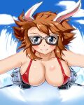  1girl animal_ears bikini blue_eyes blush breasts brown_hair charlotte_e._yeager cleavage closed_mouth flying goggles highres hiroshi_(hunter-of-kct) large_breasts looking_at_viewer rabbit_ears red_bikini sky smile solo strike_witches striker_unit swimsuit world_witches_series 