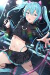  1girl :d absurdres animal_ear_headphones animal_ears artist_name asami-chan black_jacket black_skirt blue_eyes blue_hair blue_nails blue_trim cat_ear_headphones cropped_jacket dutch_angle fake_animal_ears floating_hair groin hair_between_eyes hatsune_miku headphones highleg highleg_panties highres holding holding_microphone jacket leg_tattoo long_hair long_sleeves looking_at_viewer microphone miniskirt nail_polish navel number_tattoo panties paw_print pleated_skirt skirt smile solo sweatdrop tattoo twintails underwear vocaloid 