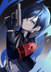  1boy black_gloves blue_eyes blue_hair closed_mouth evoker expressionless gekkoukan_high_school_uniform gloves gradient_background gun hair_between_eyes hair_over_one_eye highres holding holding_gun holding_weapon jacket male_focus open_clothes open_jacket persona persona_3 persona_3_reload pppppknw s.e.e.s school_uniform short_hair solo twitter_username upper_body weapon yuuki_makoto_(persona_3) 