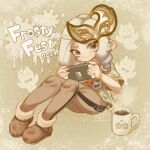  2024 :3 blush boots brown_eyes cup drill_hair full_body fur-trimmed_boots fur_trim gradient_hair handheld_game_console highres holding holding_handheld_game_console mask mask_on_head mug multicolored_hair nintendo_switch octoling_girl octoling_player_character pants short_sleeves sitting smile snowflakes splatoon_(series) tentacle_hair thick_eyebrows white_hair yume_harukasumi 
