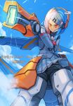  1girl android arm_cannon assault_visor batayu blue_hair cloud commission hand_on_own_arm highres joints mechanical_hair orange_eyes original robot_joints science_fiction skeb_commission skirt smile solo weapon 
