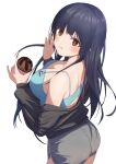  1girl absurdres ass back bare_shoulders black_jacket blue_hair blue_sports_bra blush boku_no_kokoro_no_yabai_yatsu breasts brown_eyes cleavage commentary dark_blue_hair eating food from_behind grey_shorts highres holding holding_food jacket large_breasts long_hair long_sleeves looking_back mole mole_on_neck muffin off_shoulder pige_pig shorts simple_background solo spaghetti_strap sports_bra white_background yamada_anna 