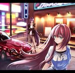  1girl bad_id bad_pixiv_id blue_eyes car city_lights crossed_arms datsun dress ground_vehicle jacket jewelry kamui_gakupo letterboxed long_hair megurine_luka motor_vehicle necklace night nissan_fairlady pants pink_hair ponytail shirt sign takemori_shintarou very_long_hair vocaloid white_dress 