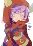  1girl auko commentary_request courtney_(pokemon) dot_nose finger_to_mouth gloves heart hood hood_up hooded_jacket horned_hood horns jacket looking_at_viewer pink_eyes pokemon pokemon_oras purple_hair red_gloves red_jacket red_shirt shirt signature simple_background smile solo team_magma_uniform upper_body white_background 
