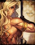  amazon_(dragon's_crown) back bare_shoulders blonde_hair blush breasts dragon's_crown from_behind gloves green_eyes halberd large_breasts long_hair looking_back muscle muscular_female polearm sayo_tanku sideboob solo weapon 