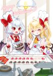  2girls :t absurdres ahoge angry aorin_oekaki apron ascot bat_wings blonde_hair blush bow candy ceiling_light center_frills chef_hat chocolate chocolate_making closed_eyes crystal drill_hair drill_ponytail fang flandre_scarlet food food_on_face frilled_apron frilled_shirt_collar frills gloves hair_bow hair_intakes happy_valentine hat heart heart-shaped_chocolate heart_ahoge highres long_hair medium_hair multiple_girls pink_shirt pointy_ears puffy_short_sleeves puffy_sleeves red_ascot red_brooch red_eyes red_ribbon remilia_scarlet ribbon shirt short_sleeves siblings side_ponytail sisters sugar_(food) sweat touhou v-shaped_eyebrows valentine white_apron white_gloves white_hair white_headwear wings yellow_ascot 