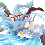  1girl :d blue_bodysuit bodysuit brown_cape cape clair_(pokemon) commentary_request commission fish floating_cape floating_hair gloves hair_between_eyes highres holding holding_poke_ball kingdra korean_commentary korean_text magikarp open_mouth poke_ball poke_ball_(basic) pokemon pokemon_hgss ponytail riding riding_pokemon smile teeth translation_request ttrtag upper_teeth_only water 